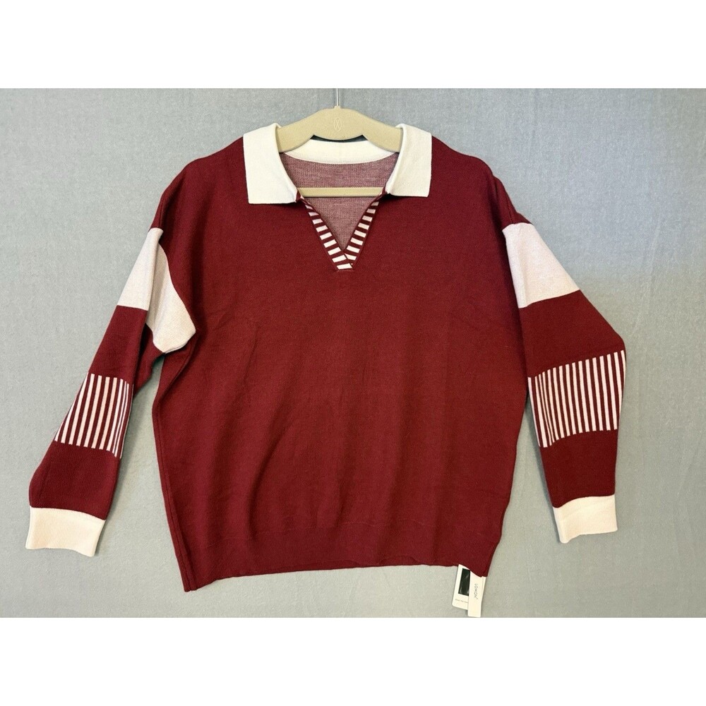 LOMON Womens Maroon Sweater Large Open Collar V-Neck Striped Long Sleeve Knit